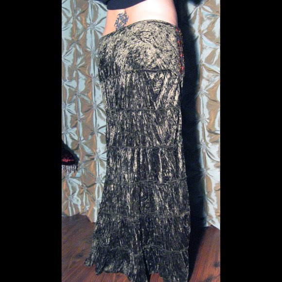 Vintage Boho Gypsy Olive Green Crushed Velvet Embroidered Long Skirt - Picture 1 of 2
